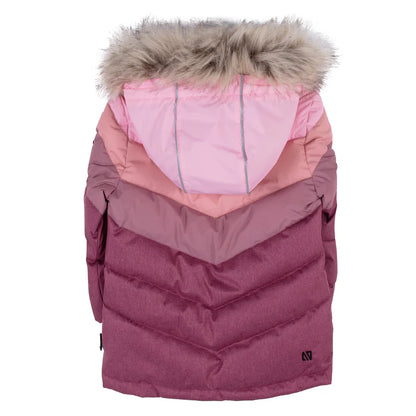 Habit de neige - Nanö fille rose et mauve à capuche avec fausse fourrure, vue de dos, tissu résistant au froid