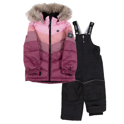 Habit de neige - Nanö avec veste dégradé de roses et pantalon salopette noir, isolant chaud, pour fille, vue de face