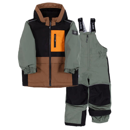 Habit de neige Nicolas - Nanö kaki, noir et marron avec poche orange, veste et salopette garçon, vue de face.