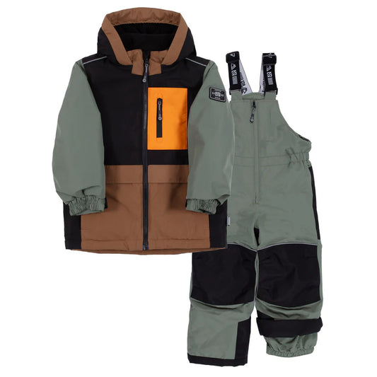 Habit de neige Nicolas - Nanö kaki, noir et marron avec poche orange, veste et salopette garçon, vue de face.
