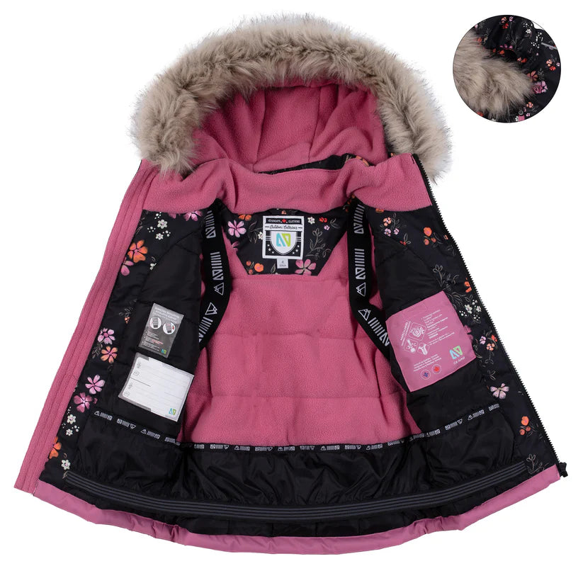 Habit de neige - Nanö rose avec doublure noire à motif floral, capuche bordée de fausse fourrure, vue intérieure ouverte fille