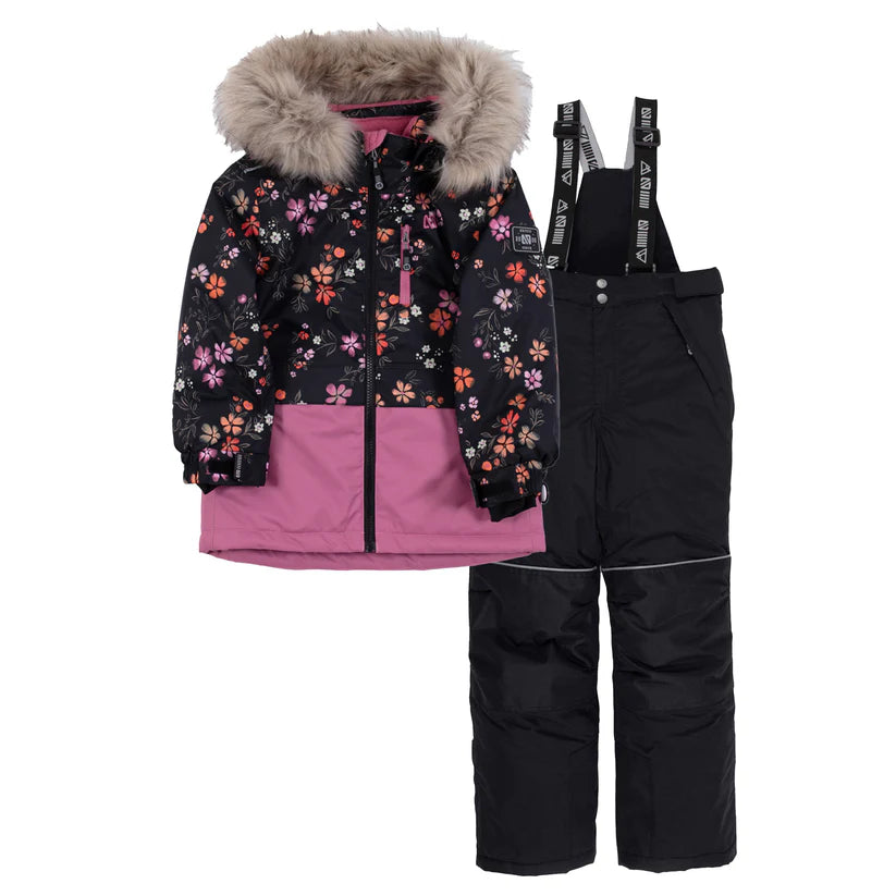Habit de neige - Nanö noir imprimé floral rose et orange avec pantalon noir à bretelles, style fille, vue de face