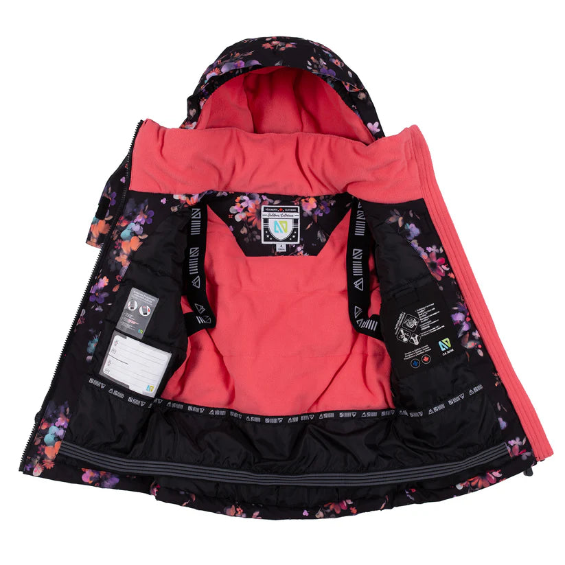 Habit de neige - Nanö noir à motifs floraux violets et roses, intérieur corail, doublure chaude, vue intérieure, enfant