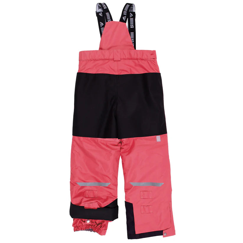 Habit de neige - Nanö pantalon de neige rose et noir pour enfant, vue de dos avec bretelles réglables et renforts résistants.
