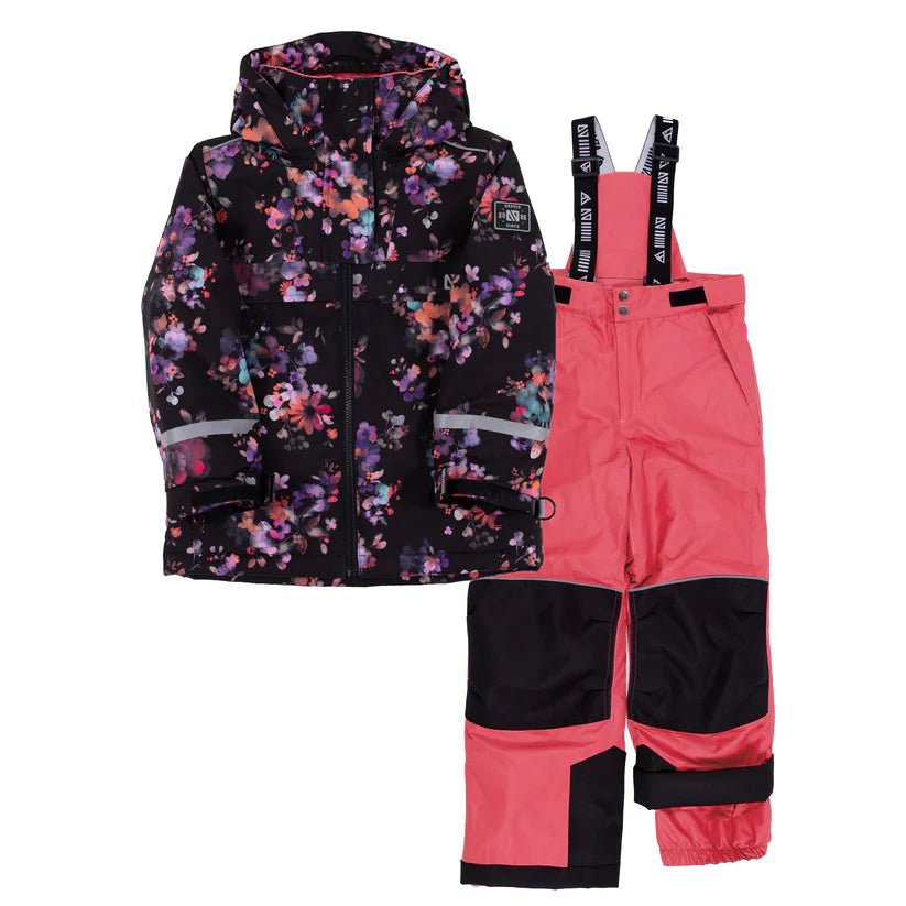 Habit de neige - Nanö pour enfant, veste noire à motifs floraux violets et roses, pantalon rose avec renforts noirs, vue de face