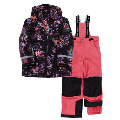 Habit de neige - Nanö pour enfant, veste noire à motifs floraux violets et roses, pantalon rose avec renforts noirs, vue de face
