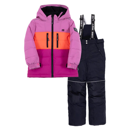 Habit de neige - Nanö veste colorée rose, orange et fuchsia avec pantalon noir à bretelles, pour fille, vue de face.