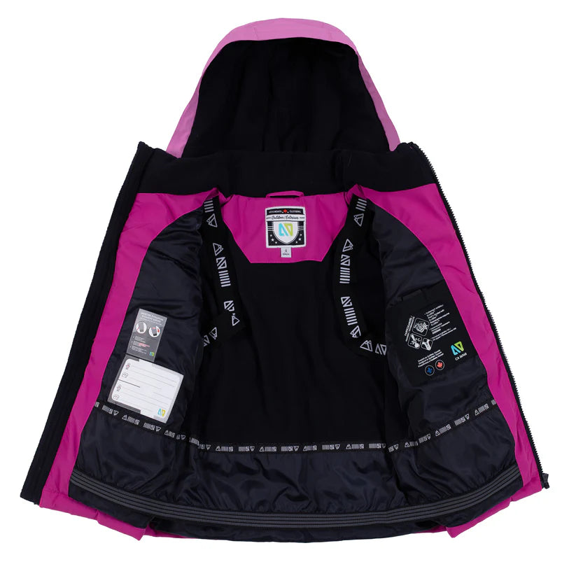 Habit de neige - Nanö fille rose et noire, isolation intérieure, capuchon, vue intérieur détail de face