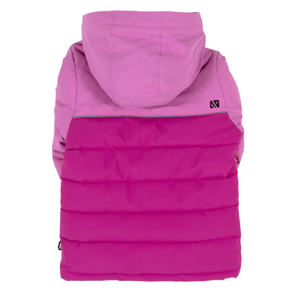 Habit de neige - Nanö pour fille en textile rose clair et fuchsia, doublure matelassée, vue de dos avec capuche.