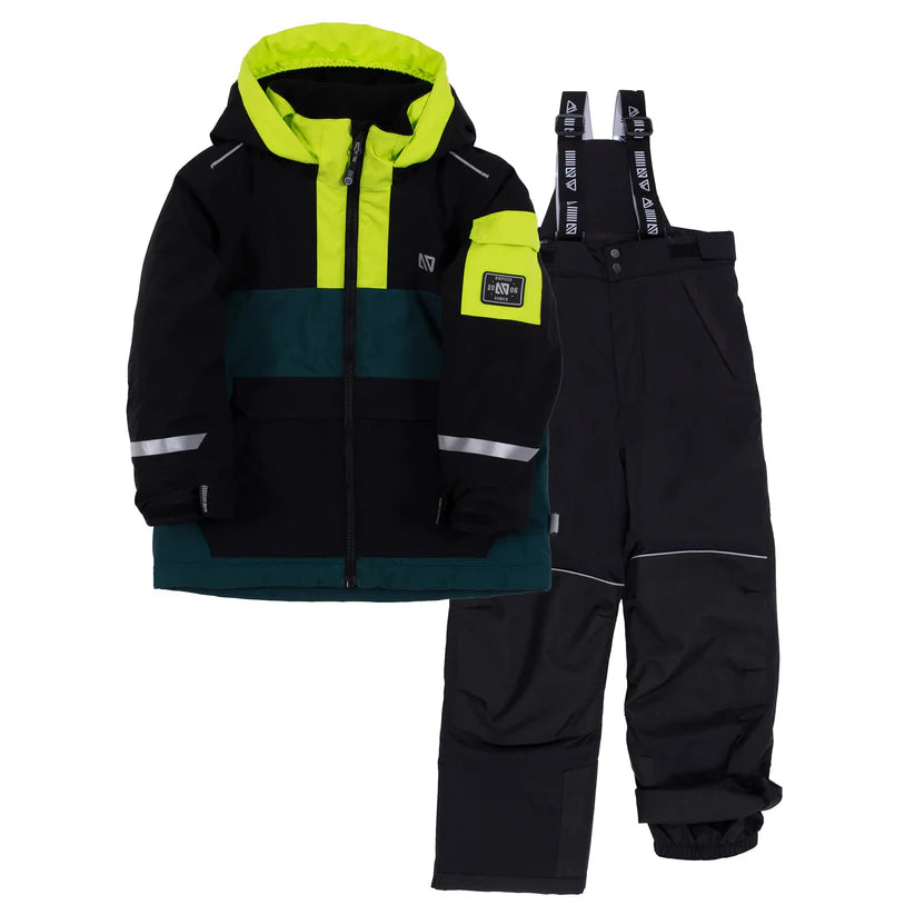 Habit de neige - Nanö noir, vert foncé et jaune fluo, veste et pantalon avec bretelles, garçon, vue de face.