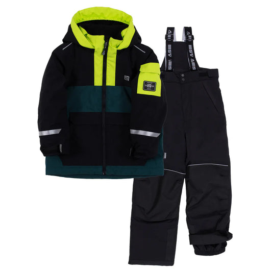 Habit de neige - Nanö noir, vert foncé et jaune fluo, veste et pantalon avec bretelles, garçon, vue de face.