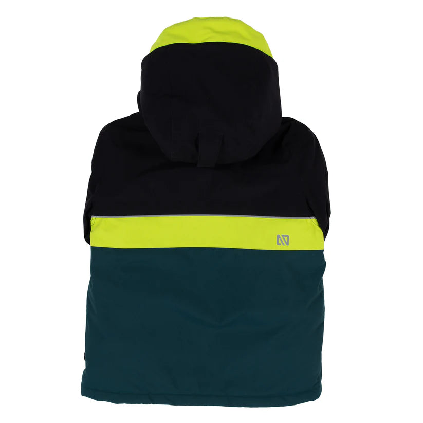 Habit de neige - Nanö tricolore noir, jaune fluo et vert foncé, pour garçon, vue de dos avec capuchon.