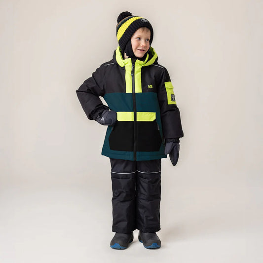 Habit de neige - Nanö pour garçon multicolore noir vert et jaune, style chaud et imperméable, porté complet face.