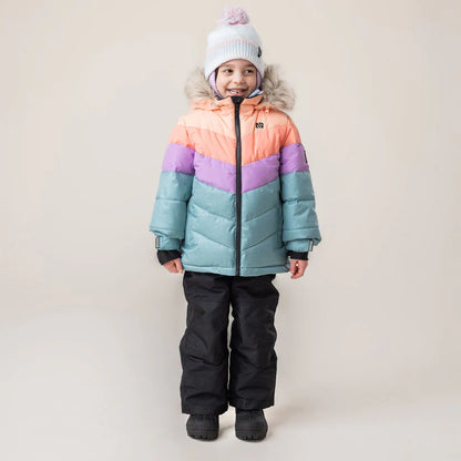 Habit de neige - Nanö multicolore orange violet turquoise pour fille, capuche à fourrure, pantalon noir, vue de face porté sur mannequin enfant.