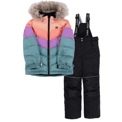 Habit de neige - Nanö pour fille avec veste multicolore rose, violet et vert, capuche fourrure et pantalon noir, vue de face.