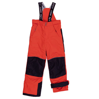 Habit de neige - Nanö pantalon rouge et noir avec bretelles réglables en tissu résistant, pour fille, vue de face.
