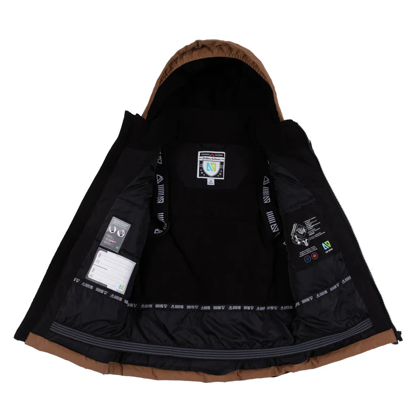 Habit de neige Nicolas - Nanö marron et noir, isolation intérieure visible, pour garçon, vue intérieure ouverte vue de face