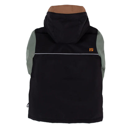 Habit de neige Nicolas - Nanö noir avec manches vert kaki et capuche marron, isolation pour garçon, vue de dos