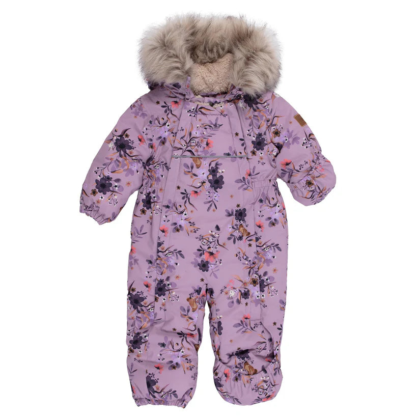 Habit de neige 1 pièce - Nanö lilas à motifs floraux roses et violets, doublure chaude, capuche fourrure, pour bébé, vue de face