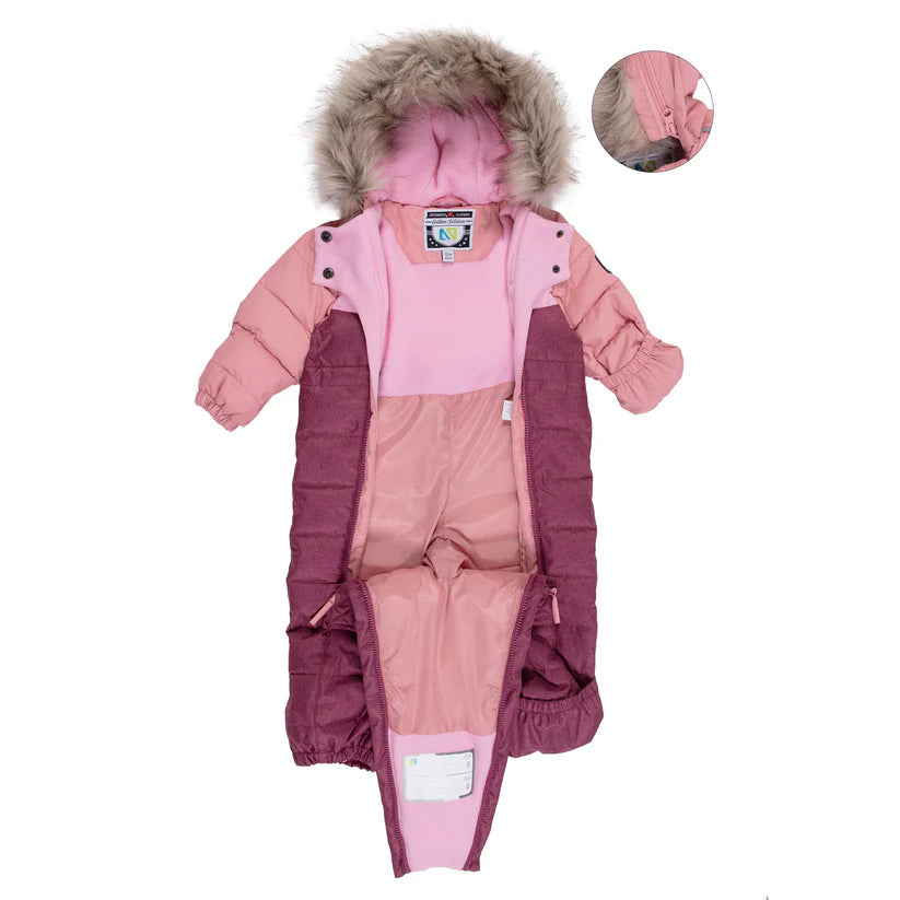 Habit de neige 1 pièce - Nanö en tissu rose et bordeaux avec capuche fourrure, isolation chaude, pour bébé, vue de face ouverte