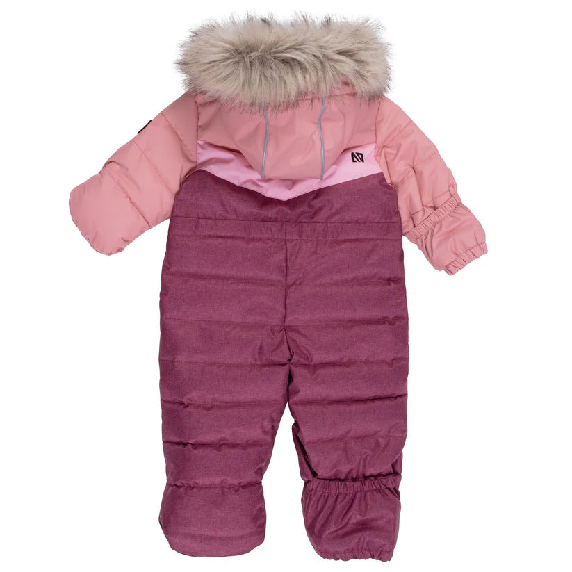 Habit de neige 1 pièce - Nanö rose et violet avec capuche à fausse fourrure, isolation chaude, pour bébé, vue de dos.