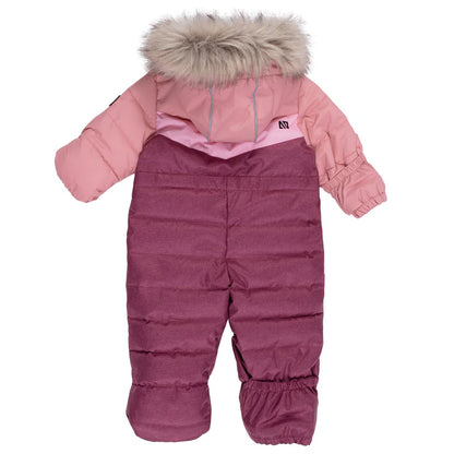 Habit de neige 1 pièce - Nanö rose et violet avec capuche à fausse fourrure, isolation chaude, pour bébé, vue de dos.