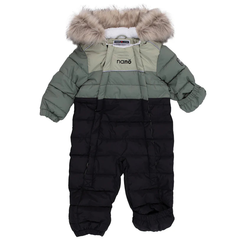 Habit de neige 1 pièce - Nanö vert kaki et noir avec capuche fourrée, isolé, pour enfant, vue de face