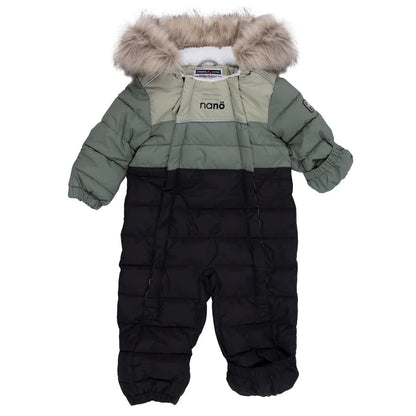Habit de neige 1 pièce - Nanö vert kaki et noir avec capuche fourrée, isolé, pour enfant, vue de face