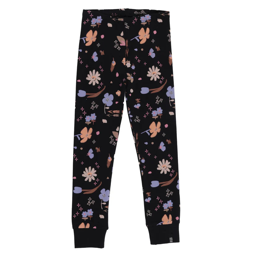 Legging - Nanö en jersey noir imprimé fleurs pastel avec taille élastique et ourlets côtelés, fille, vue de face