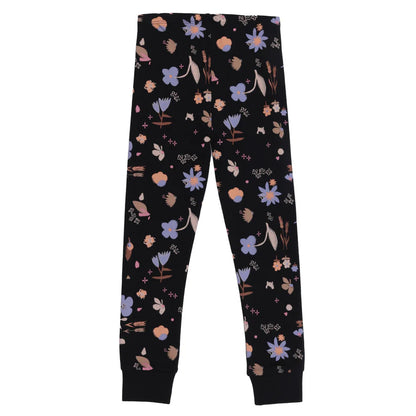 Legging - Nanö noir avec imprimé floral rose et violet, jersey coton, taille élastique, pour fille, vue de face.