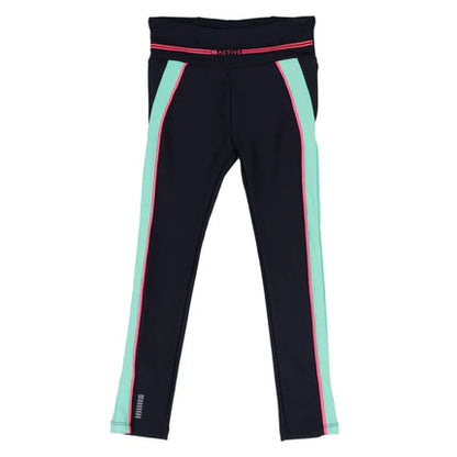 Legging Active-toi - Nanö bleu marine avec bandes vert menthe et liserés roses, tricot confortable, fille, vue de face.