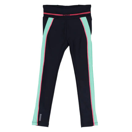 Legging Active-toi - Nanö bleu marine avec bandes vert menthe et liserés roses, tricot confortable, fille, vue de face.