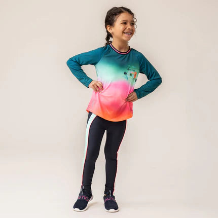 Legging Active-toi - Nanö noir avec bande blanche et rose, ajusté, pour fille, porté sur mannequin en vue de face.