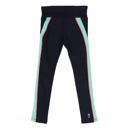 Legging Active-toi - Nanö fille noir avec bandes turquoise et liserés roses, tissu tricot, taille haute, vue de face.