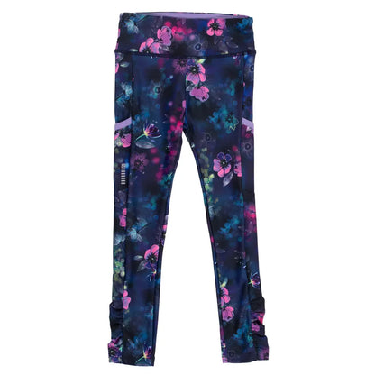 Legging - Nanö bleu marine avec motifs floraux roses et lilas, tricot double, poche latérale, fille, vue de face.