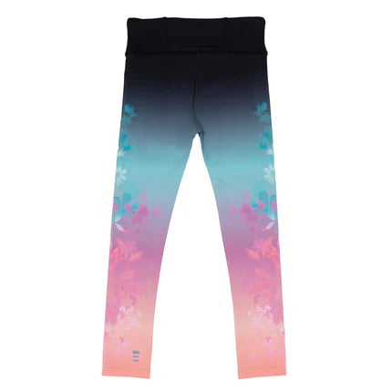 Legging Ombre Active-toi - Nanö en tricot dégradé noir, turquoise et rose avec motifs floraux, pour fille, vue de face.