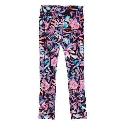 Legging Active-toi - Nanö en tricot doublé noir à imprimé feuilles roses, bleues et violettes, pour fille, vue de face.