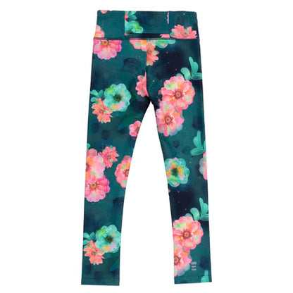 Legging Amuse-toi - Nanö vert foncé à motifs floraux roses et verts, tricot double, pour fille, vue de dos.