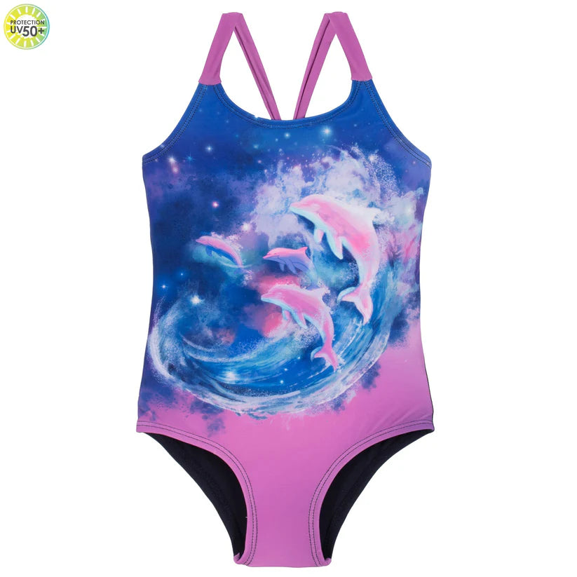 Maillot de bain - Nanö une pièce rose et bleu avec imprimé dauphins et bretelles larges, pour fille, vue de face
