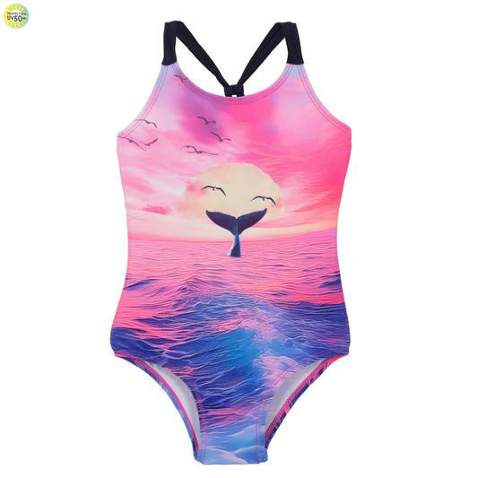 Maillot de bain - Nanö une pièce rose et violet avec imprimé océan et queue de baleine, bretelles larges, fille, vue de face