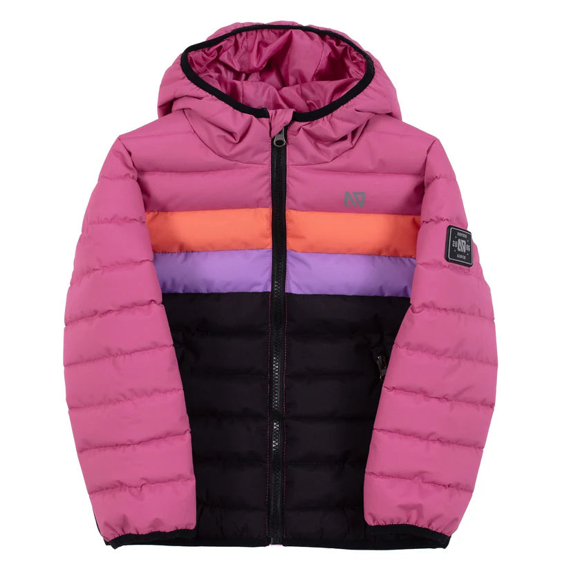 Manteau matelassé Mi-Saison - Nanö rose, orange, violet et noir, capuche, pour fille, vue de face