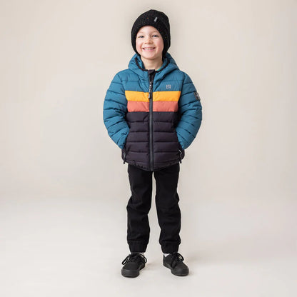 Manteau matelassé Mi-Saison - Nanö bleu, orange et noir, capuche, pour enfant garçon, vue de face, manches longues