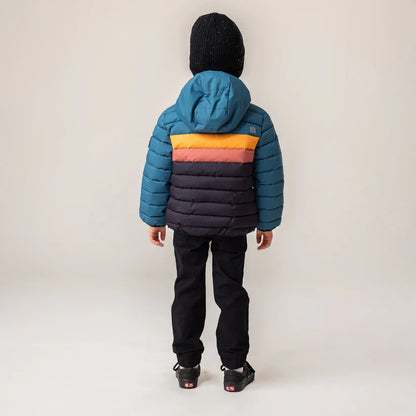 Manteau matelassé Mi-Saison - Nanö bleu, orange et noir, capuche, pour enfant, vue de dos