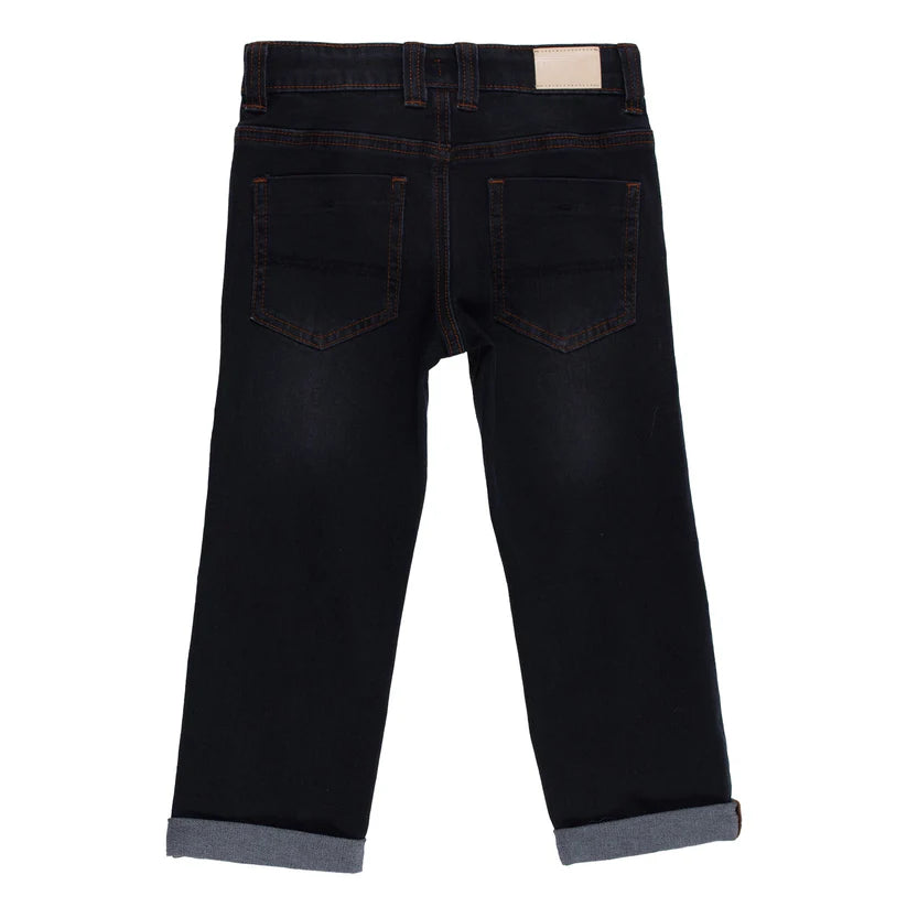 Jeans - Nanö noir en denim épais avec revers, modèle 5 poches, taille ajustable, pour garçon, vue de dos.