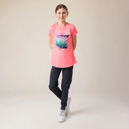 Pantalon Amuse-toi - Nanö jogger bleu marine en tricot double pour fille, taille élastique, porté face sur mannequin.