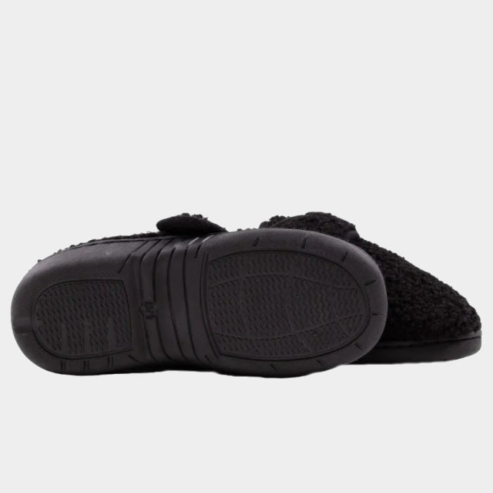 Pantoufles - Nanö noires en sherpa avec semelle antidérapante et fermeture auto-grippante, style garçon, vue semelle dessous et côté.