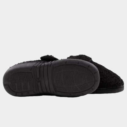 Pantoufles - Nanö noires en sherpa avec semelle antidérapante et fermeture auto-grippante, style garçon, vue semelle dessous et côté.