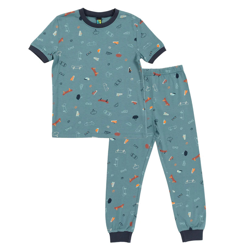 Pyjama - Nanö deux-pièces en jersey modal bleu gris imprimé petits objets colorés pour garçon vue de face