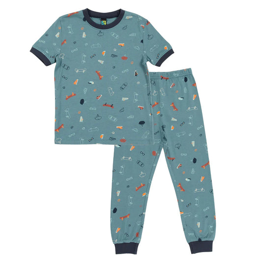 Pyjama - Nanö deux-pièces en jersey modal bleu gris imprimé petits objets colorés pour garçon vue de face