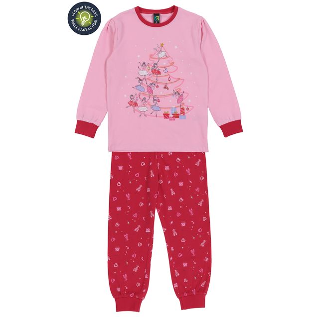 Pyjama - Nanö fille deux-pièces rose et rouge à motif danseuses, jersey coton, poignets côtelés, vue de face.